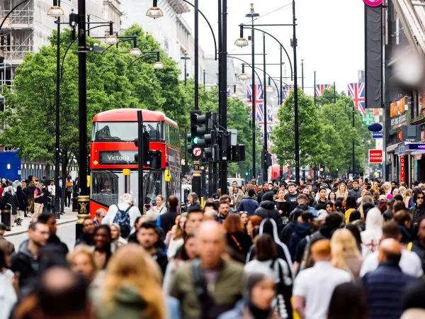 Crowds of people on Oxford Street in London, UK